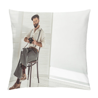 Personality  Bearded Stylish Man Sitting On Chair With Vintage Film Camera  Pillow Covers