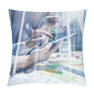 Personality  Concept Of Business Team Using Mobile Devices.Closeup View Female Hands Touching Display Digital Tablet.Double Exposure,modern Skyscraper Office Building On Blurred Background.Horizontal,film Effect. Pillow Covers