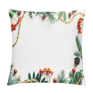 Personality  Flat Lay With Festive Arrangement Of Pine Tree Branches, Common Sea Buckthorn And Christmas Decorations On White Tabletop Pillow Covers