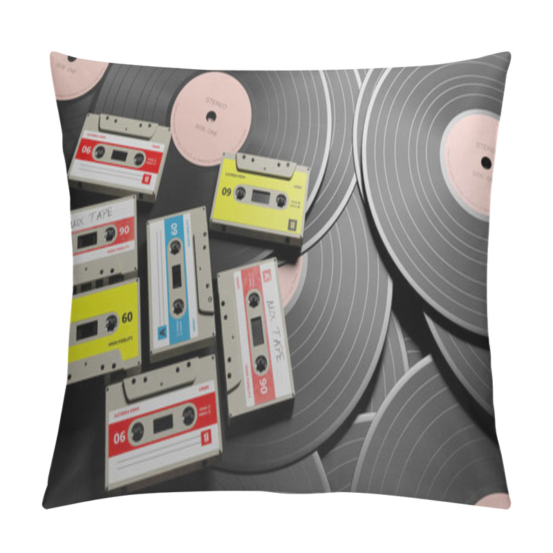 Personality  1970s-1980s Party Music. Vintage Audio Cassettes And Vinyl Records  Background, Mix Tape Label, 3d Illustration Pillow Covers