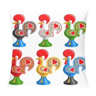 Personality  Vector Set Of Portuguese Roosters, Traditional Symbol Of Portugal - Rooster Galo De Barcelos, Collection Of 6 Cut Out Portuguese Kids Toys On White Background. Pillow Covers