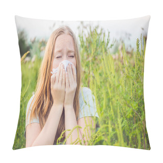 Personality  Young Woman Sneezes Because Of An Allergy To Ragweed. Pillow Covers
