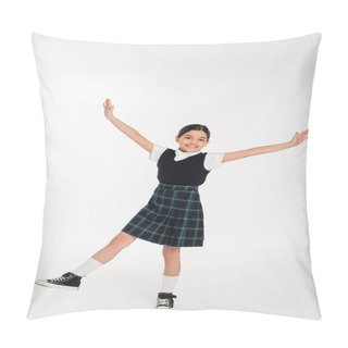 Personality  Excited Schoolgirl Standing With Outstretched Hands Isolated On White, Full Length, Happiness Pillow Covers