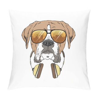 Personality  Boxer Breed Dog Wear Sunglasses, Headphones Isolated On White Background Pillow Covers