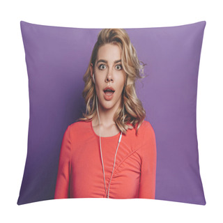 Personality  Shocked Girl Listening Music In Earphones While Looking At Camera On Purple Background Pillow Covers