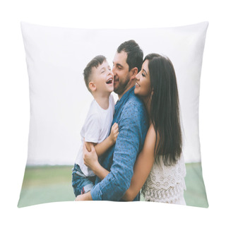Personality  Smiling Parents And Son Having Fun On Field Pillow Covers
