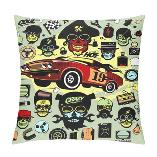 Personality  Set Of Icons And Symbols With Race Car, Hipsers, Music Symbols Pillow Covers