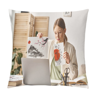 Personality  Teenage Girl Showing Her Artwork While Studying And Looking At Her Laptop, Online Art Class Pillow Covers