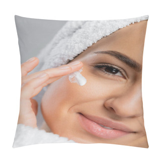 Personality  Cropped View Of Smiling Woman With Towel On Head Applying Face Cream Isolated On Grey  Pillow Covers