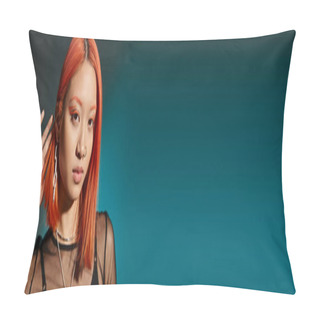 Personality  Portrait Of Pierced Asian Woman With Bold Eye Makeup And Trendy Earring On Blue Background, Banner Pillow Covers
