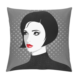 Personality  Vector Portrait Of Beautiful Young Thinking Woman With Red Lips Looking Up Wearing Black Elegant Pullover, Doubtful Or Stubborn Expression Pillow Covers