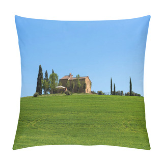 Personality  Beautiful Farmland Rural Landscape, Cypress Trees And Colorful Spring Flowers In Tuscany, Italy. Typical Rural House. Pillow Covers