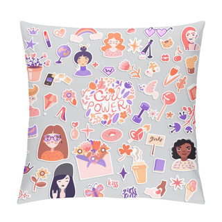 Personality  Feminist And Cute Girl Power Sticker Illustration Set. Girls Portraits, Flowers, Stickers, Sweets With Floral Decoration. Cute Cartoon Feministic Girl Power Collection Pillow Covers