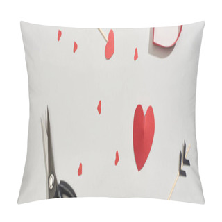 Personality  Top View Of Scissors, Arrows And Paper Hearts On Grey Background, Panoramic Shot Pillow Covers