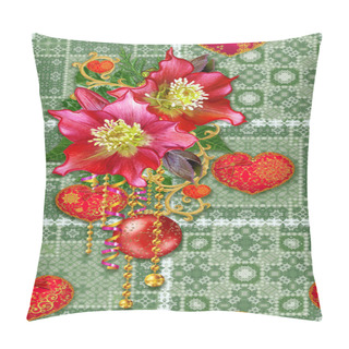 Personality  Hand Drawn Seamless Patchwork Pattern. Square Shape, Openwork Weaving. Christmas Background. Garland Of Winter Flowers Hellebore, Bright Leaves, Openwork Twigs, Shiny Decorations. Pillow Covers