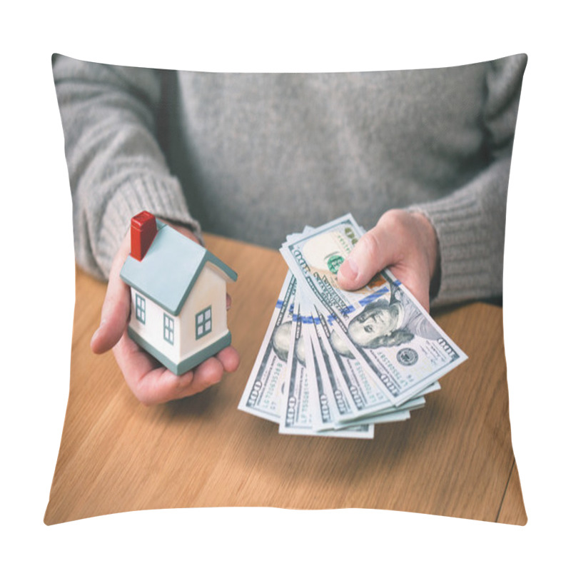 Personality  House And Money. Buy Real Estate, Home Mortgage. Hands Holding New Hundred-dollar Bills And Toy House. Real Estate Agent Pillow Covers