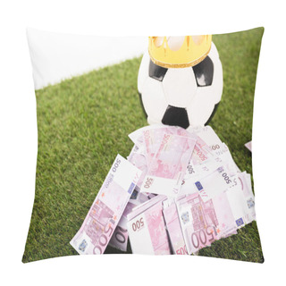 Personality  Euro Banknotes Near Soccer Ball With Paper Crown On Green Grass Isolated On White, Sports Betting Concept Pillow Covers