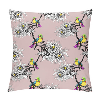 Personality  Watercolor Hand Drawn Seamless Pattern With Beautiful Colorful Flowers And Birds Pillow Covers