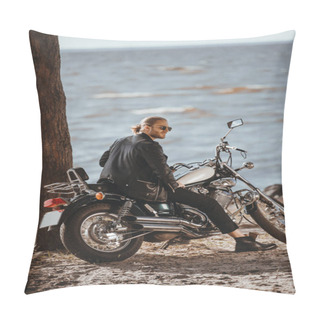 Personality  Biker In Black Leather Jacket Sitting On Classical Chopper Motorcycle Near The Sea Pillow Covers