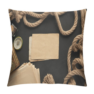 Personality  Top View Of Vintage Paper, Rope, Compass And Painting On Black Background Pillow Covers