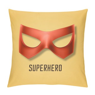 Personality  Vector Realistic Red Super Hero Mask On Yellow Background. Face Character, Superhero Comic Book Mask Design Template. Superhero Carnival Glasses, Front View. Pillow Covers