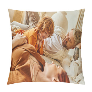 Personality  Smiling Tattooed Man Looking At Wife And Redhead Son Having Fun On Bed At Home, Relaxation Time Pillow Covers