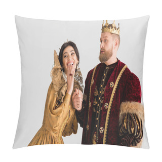 Personality  Smiling Queen And King With Crowns Holding Hands Isolated On Grey Pillow Covers