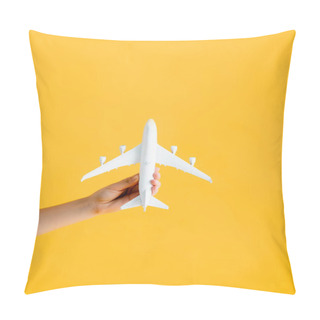 Personality  Cropped View Of Woman Holding Toy Airplane Isolated On Yellow  Pillow Covers