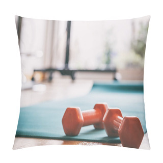 Personality  Pair Of Dumbbells On A Wooden Floor Pillow Covers