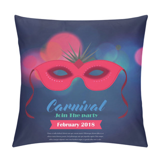 Personality  Happy Brazilian Carnival Festival. Carnival Red Mask On Blue Blurred Background With Creative Typography Pillow Covers