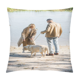 Personality  Smiling Blonde Woman Spending Time With Labrador And Husband Near Lake In Park  Pillow Covers