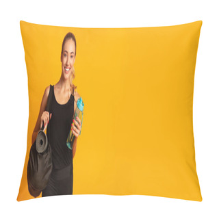 Personality  Woman Holding Fitness Bag Ready For Training, Studio Shot, Panorama Pillow Covers