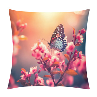 Personality  Nature Background With Flowers And Butterfly In Spring Morning Pillow Covers