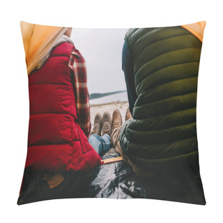 Personality  Back View Of Couple Sitting In Camping Tent On Sandy Beach Pillow Covers