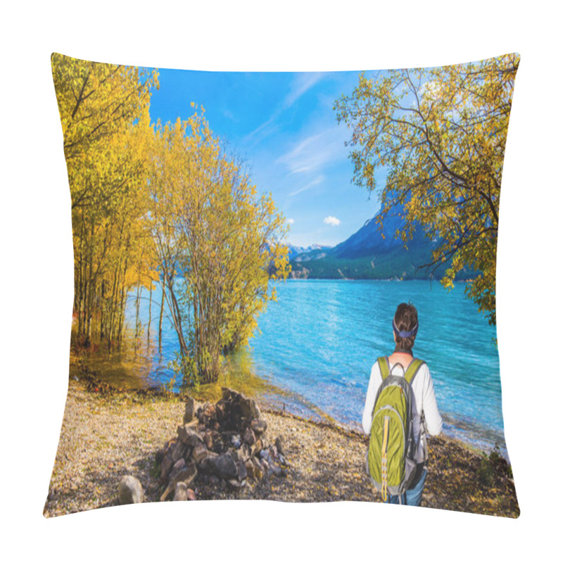 Personality   Middle-aged Woman With A Tourist Backpack Admires The Lake. Abraham Lake In The Rocky Mountains Of Canada.Concept Of Active, Ecological And Photo Tourism Pillow Covers
