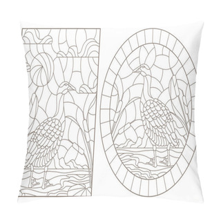 Personality  Set Of Contour Illustrations With A Pair Of A Gooses On A Pond And Sky Background, Dark Contours On A White Background Pillow Covers