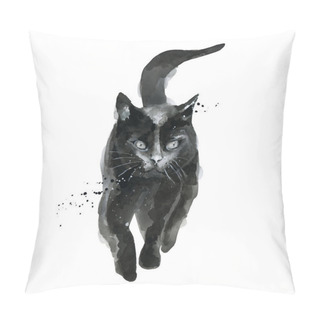 Personality  Walking Black Cat. Animal. Watercolour Illustration Isolated On White Background. Pillow Covers