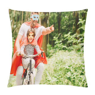 Personality  Father And Kid Riding Bicycle Around Forest In Superhero Costumes  Pillow Covers