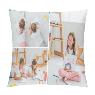 Personality  Collage Of Siblings Drawing With Felt Pens Near Building Blocks, And Girl Showing Drawing While Sitting On Floor Pillow Covers