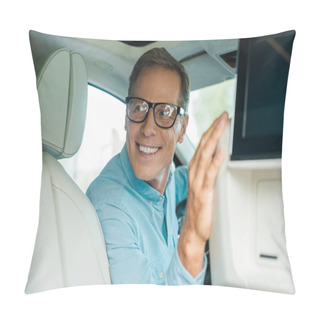 Personality  Smiling Adult Man Driving Luxury Car And Looking Back Pillow Covers