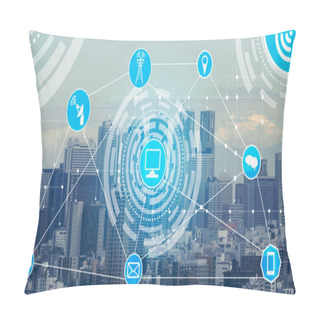 Personality  Smart City Wireless Communication Network With Graphic Showing Concept Of Internet Of Things ( IOT ) And Information Communication Technology ( ICT ) Against Modern City Buildings In The Background. Pillow Covers