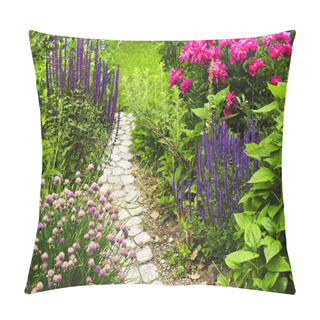 Personality  Lush Blooming Summer Garden With Paved Path Pillow Covers