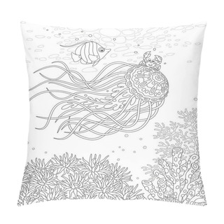 Personality  Fancy Jellyfish With Long Stinging Tentacles, A Funny Small Crab And A Striped Butterfly Fish Traveling Around A Coral Reef In A Tropical Sea, Black And White Outline Vector Cartoon Illustration Pillow Covers