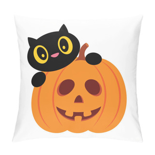Personality  Cute Black Cat Behind Pumpkin Isolated On White Background, Vector Illustration, Halloween Card Pillow Covers