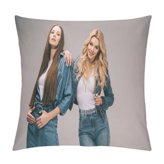Personality  Blonde And Brunette Women In Denim Clothes Smiling And Looking At Camera  Pillow Covers