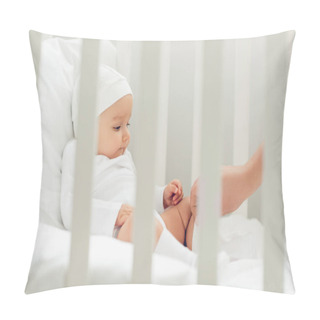 Personality  Adorable Little Baby In White Hat Sitting In Crib Pillow Covers
