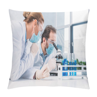 Personality  Researchers In White Coats And Medical Masks Working With Reagents Together In Lab Pillow Covers
