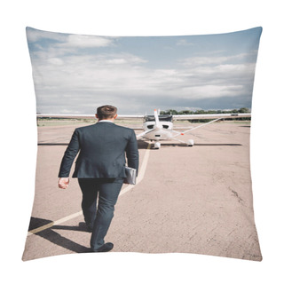 Personality  Back View Of Businessman In Formal Wear Holding Laptop And Map In Sunny Day Pillow Covers