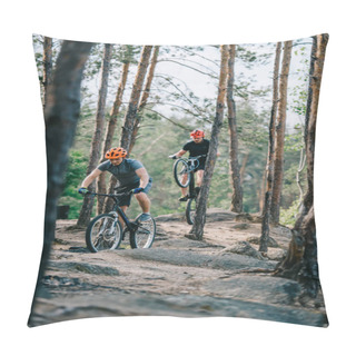 Personality  Active Young Trial Bikers Riding At Beautiful Pine Forest Pillow Covers