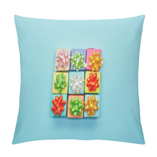 Personality  Top View Of Colorful Gifts With Bows On Blue Background Pillow Covers
